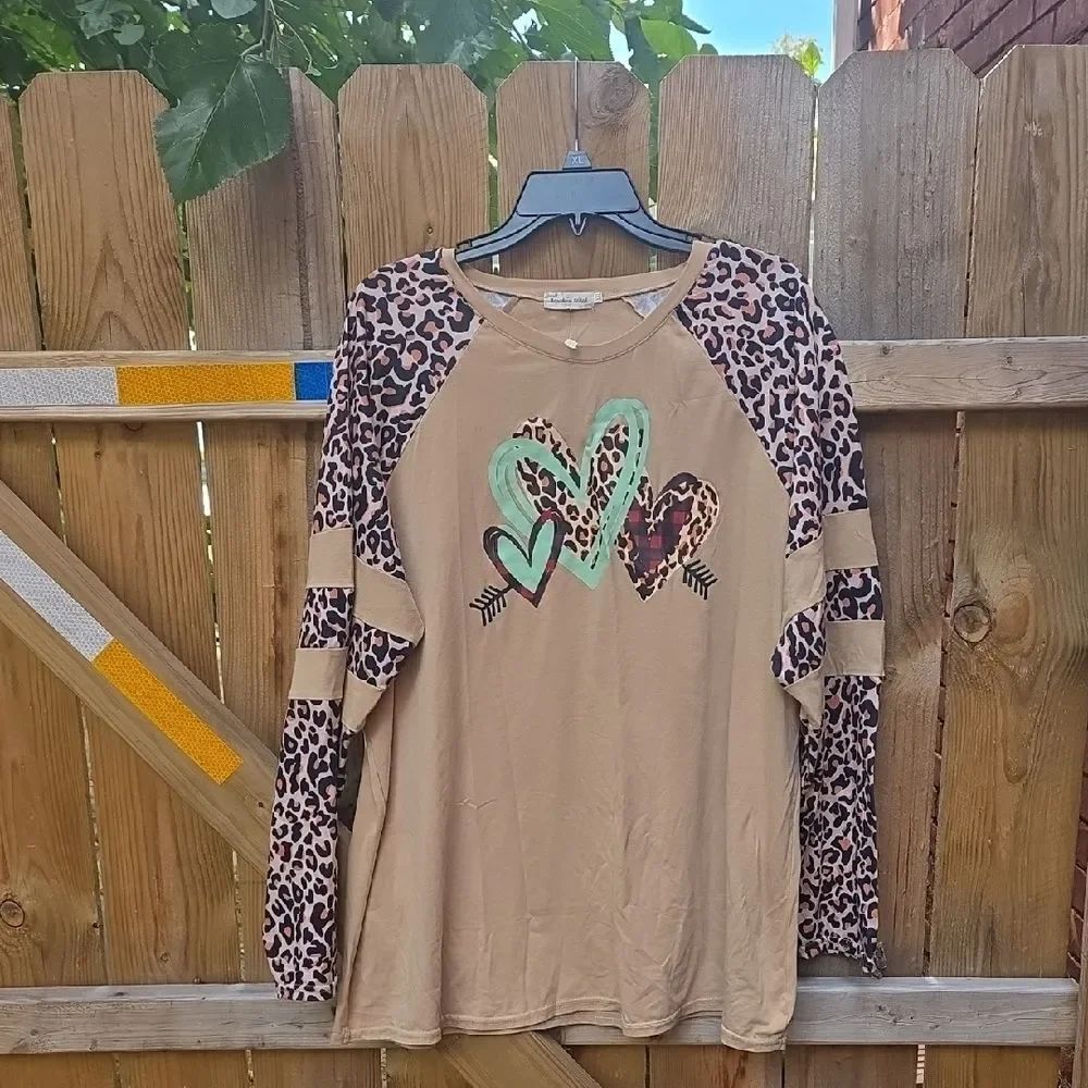 Leopard Print Long Sleeve Top with Heart Design